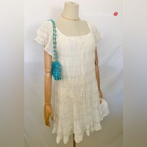 VINTAGE Y2K MAX STUDIO TIERED RUFFLE SHORT SLEEVE BABYDOLL SUNDRESS IN WHITE